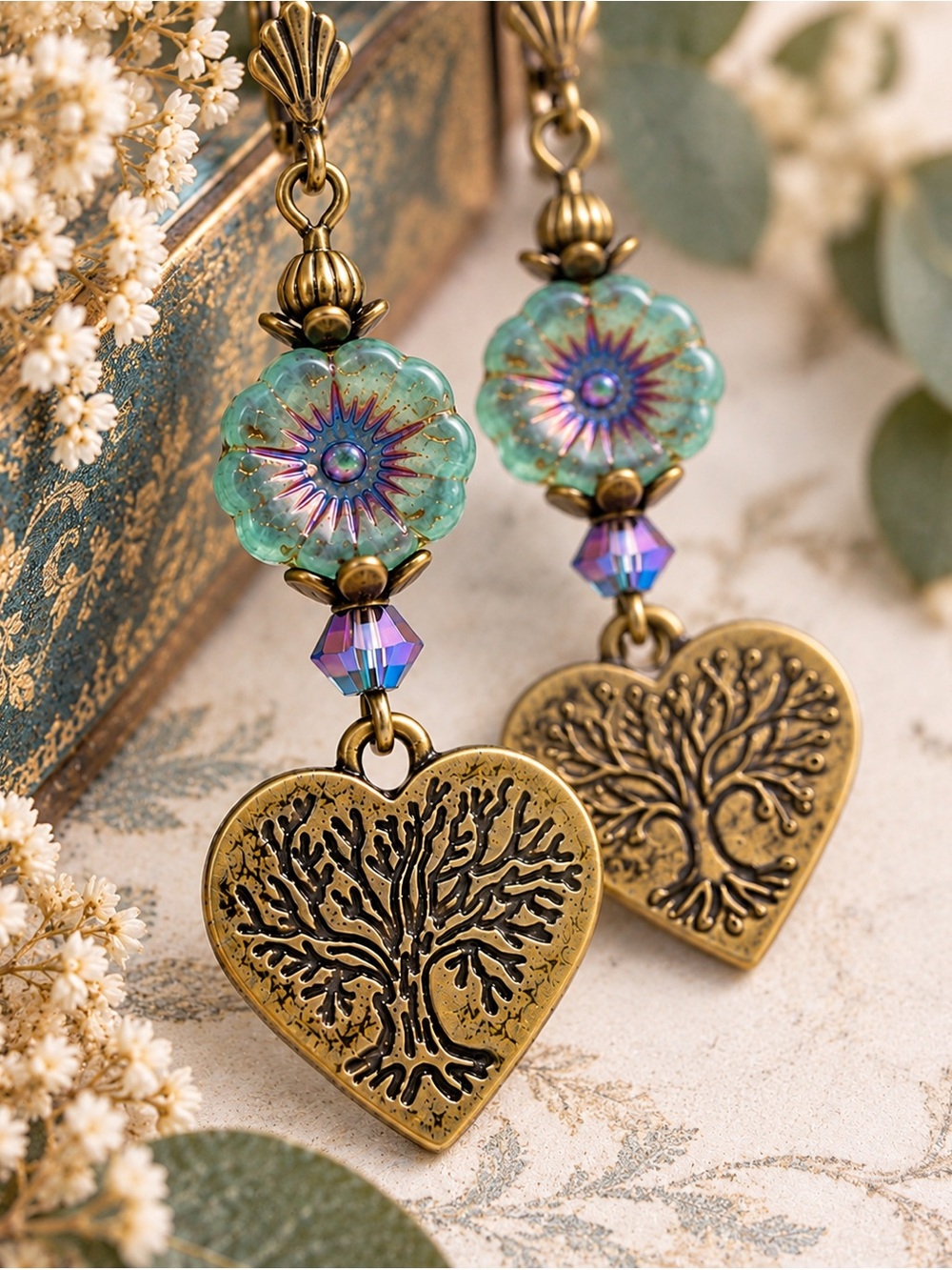 Handmade Czech Glass Flower Tree of Life Earrings, Antique Brass